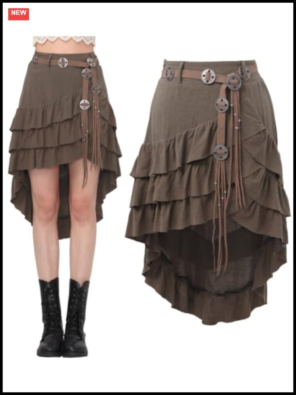 Lace Layered Asymmetrical Hem Mini Skirt with Belt Medieval Costume